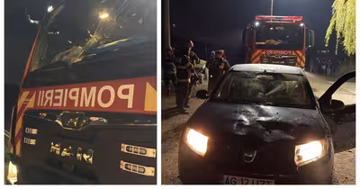 Pompier rănit cu o cărămidă în piept la o intervenție în Argeș, autospeciale avariate
