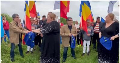 Momentul în care Diana Șoșoacă rupe un steag al UE, într-un videoclip postat de Ziua Europei. „Ia tu partea ta și-mi iau și eu partea mea!”